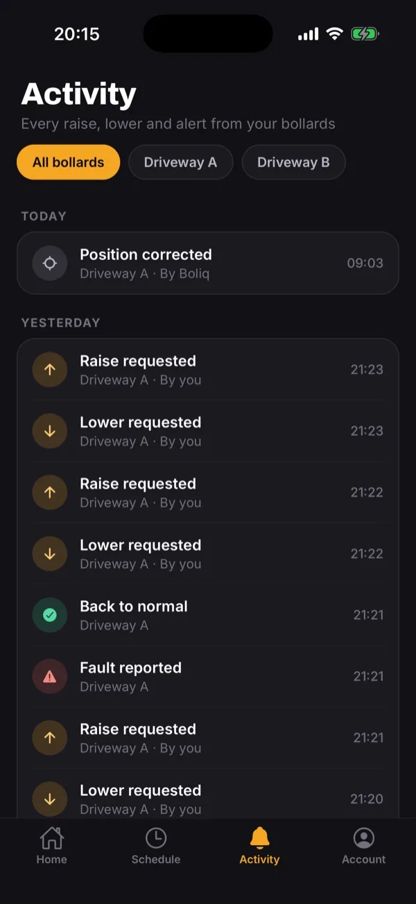 The Boliq app activity feed, listing raise and lower requests, a fault and its recovery, grouped by day