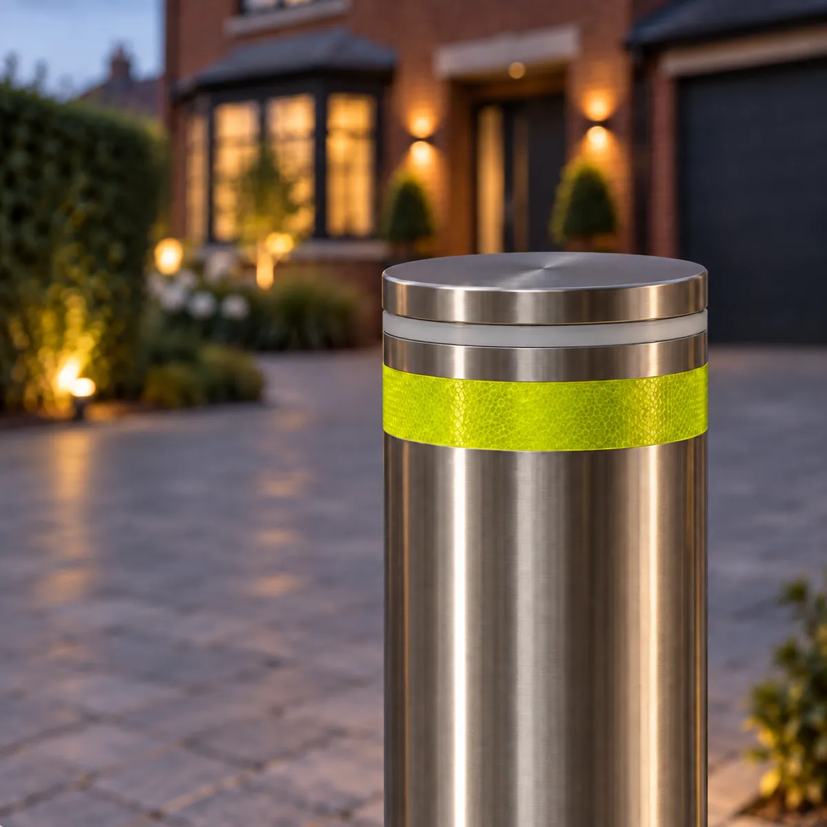 Close up of a Boliq bollard's stainless steel cap and LED light ring in front of a house at dusk