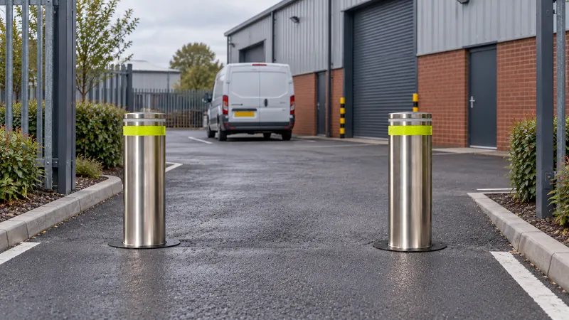 Two Boliq bollards raised at the entrance to an industrial unit yard with a van parked inside