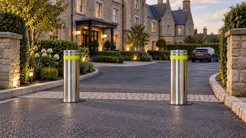 Two Boliq Sentry Max bollards raised between stone gate piers at the entrance to a large stone house at dusk