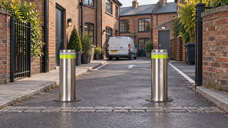 Two Boliq bollards raised across the entrance to a private brick mews road