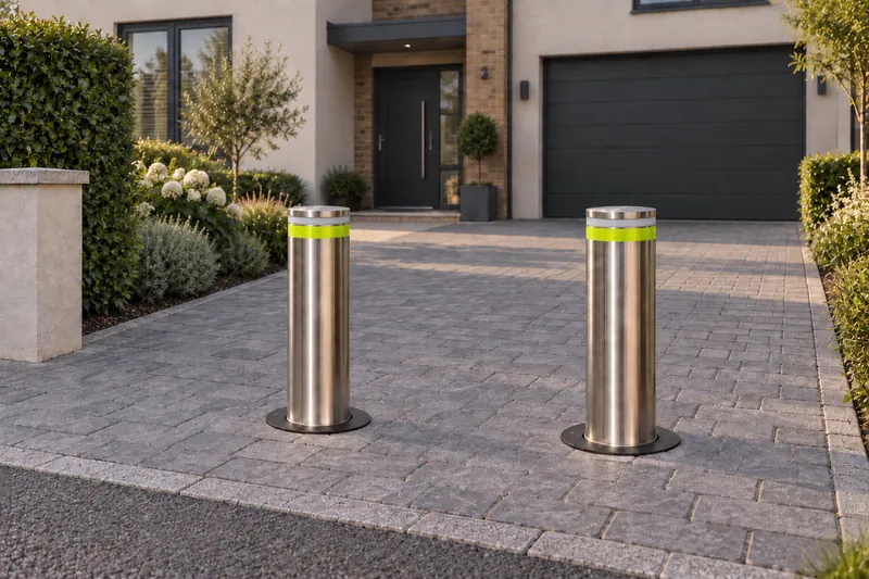 Two Boliq bollards raised on a block paved driveway in front of a modern house with a double garage