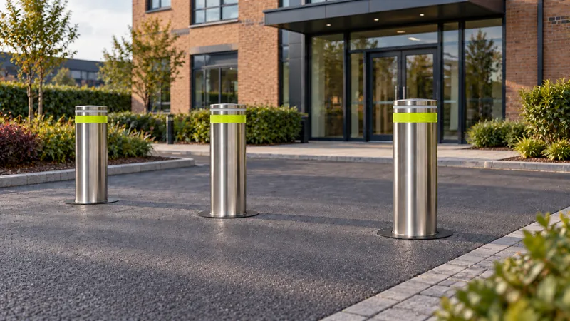 Three Boliq Sentry Max bollards raised across the approach to an office entrance