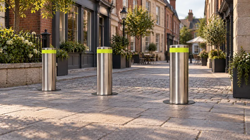 Boliq bollards raised across a paved town centre street