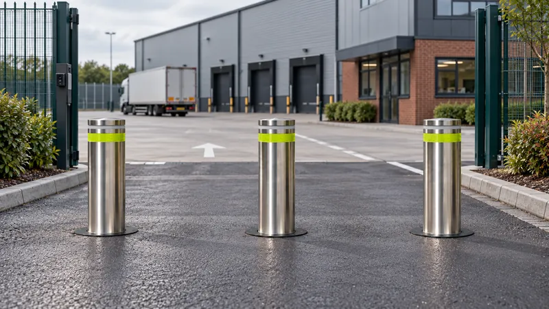 Three Boliq bollards raised across the gated entrance to a warehouse yard with loading bays