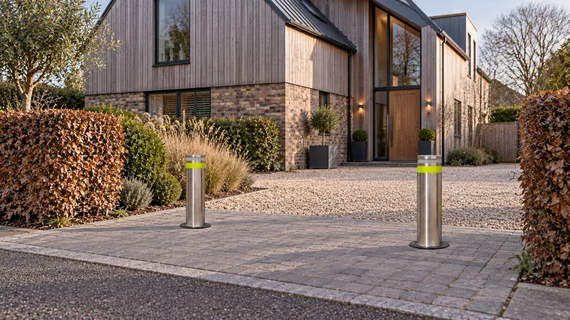 A Boliq Sentry bollard raised on the driveway of a modern home