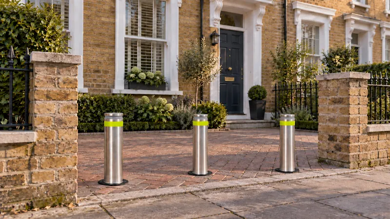 Three Boliq Sentry bollards raised across the front drive of a Georgian brick townhouse